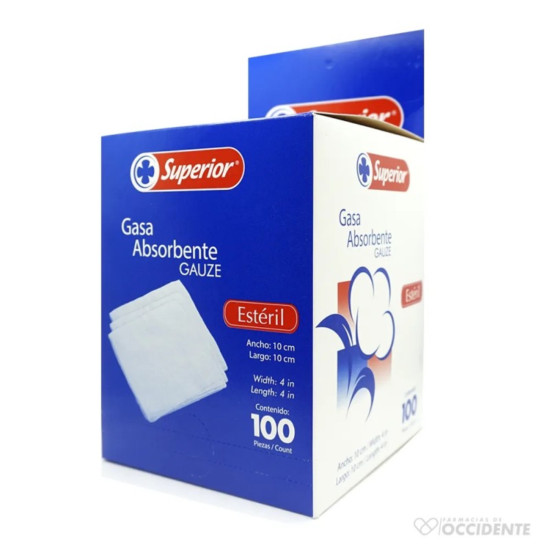 Gasa esteril 10x10cm caja de 100 unidades.